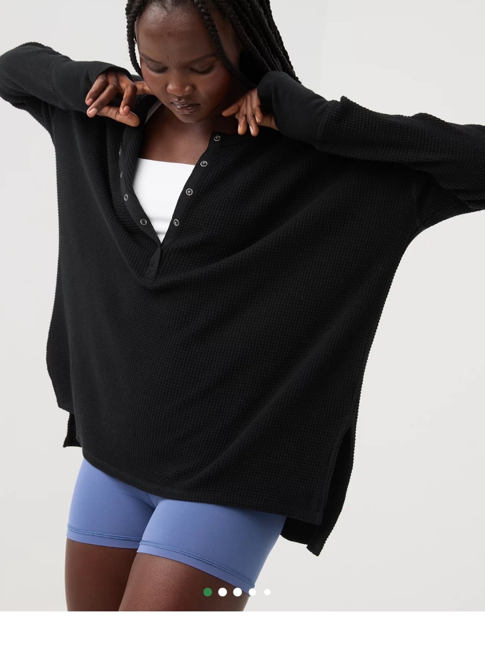 Waffle-Knit Long Sleeve Henley Top - Black